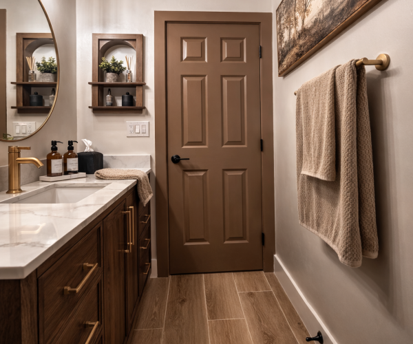 New door, framing, arched alcove where medicine cabinet was at, new lighting, hardware and more.