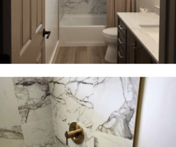 After: New subfloors, tile flooring, bathtub, vanity, faucets, toilet,  baseboards, paint, moisture fan, and wall texture.